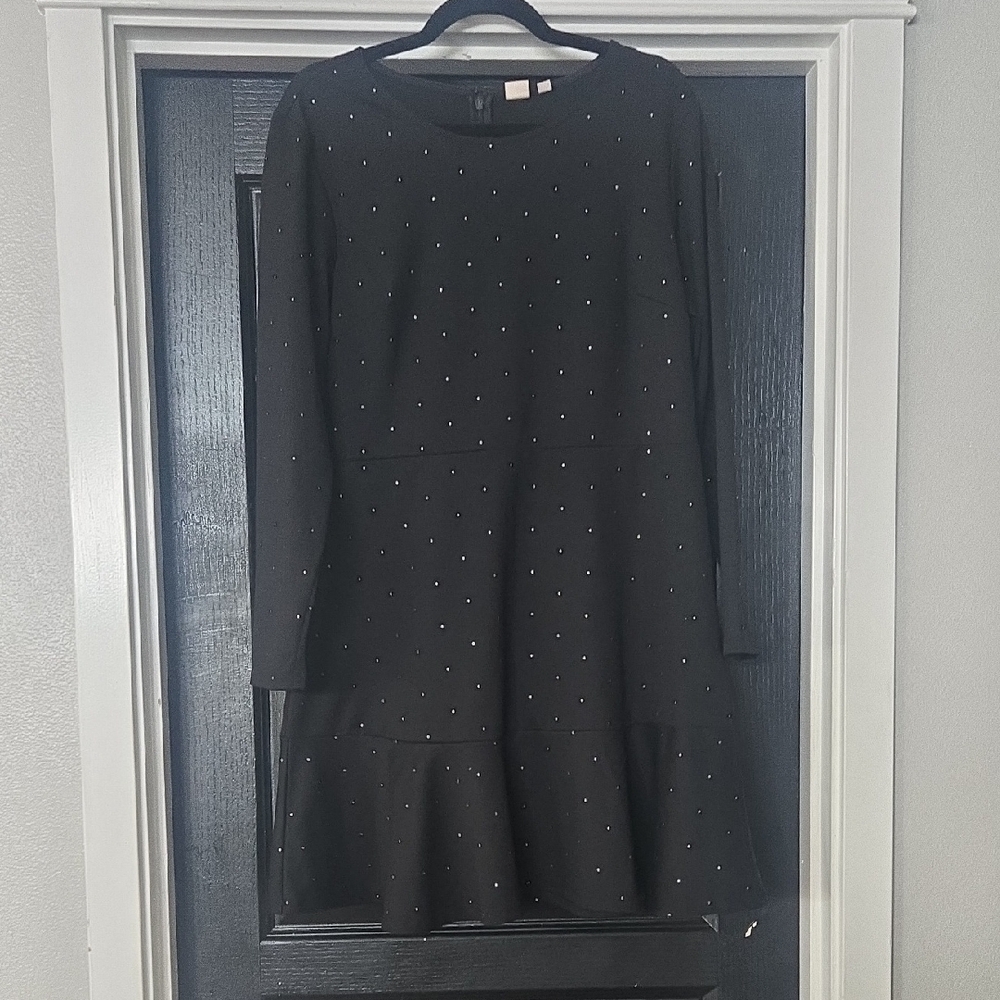 GAP Black And Gold Long Sleeve Fit And Flare Dress With Flounce Hem Size 14